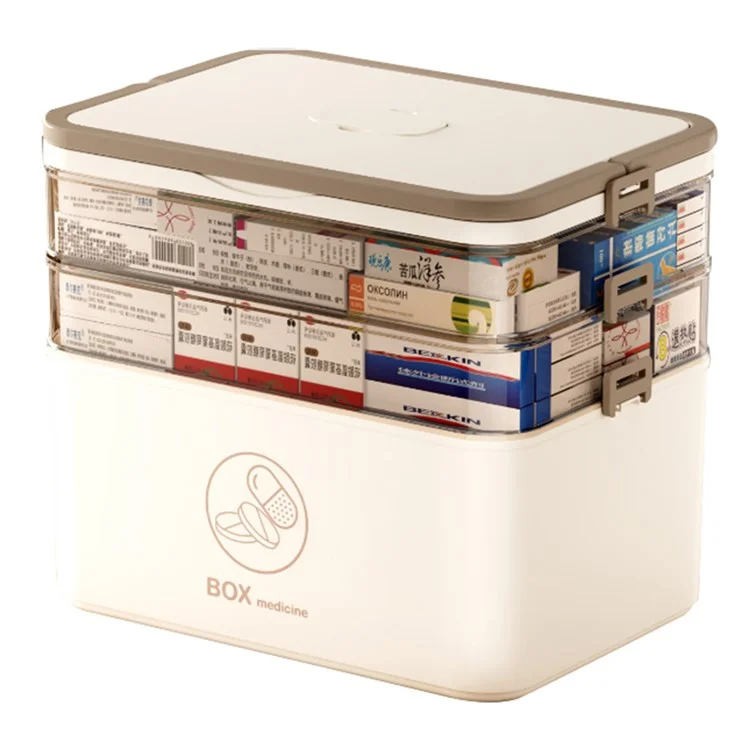 1682 Extra Large 3-Layer Plastic Medicine Storage Box Multi-Compartment Organizer with Handle - Beige