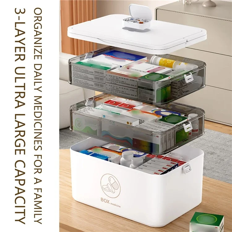 1682 Extra Large 3-Layer Plastic Medicine Storage Box Multi-Compartment Organizer with Handle - Beige