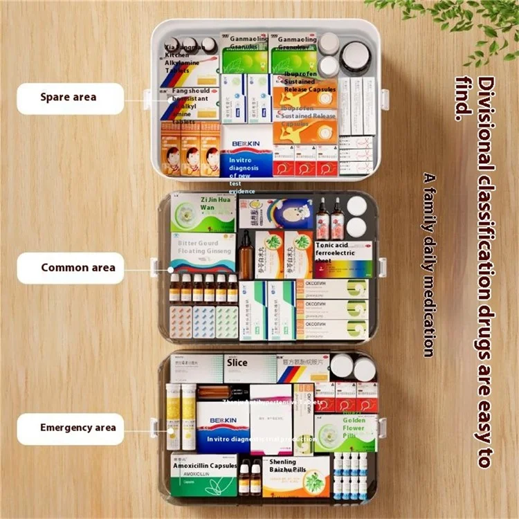1682 Extra Large 3-Layer Plastic Medicine Storage Box Multi-Compartment Organizer with Handle - Beige