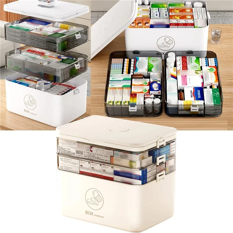 1682 Extra Large 3-Layer Plastic Medicine Storage Box Multi-Compartment Organizer with Handle - Beige