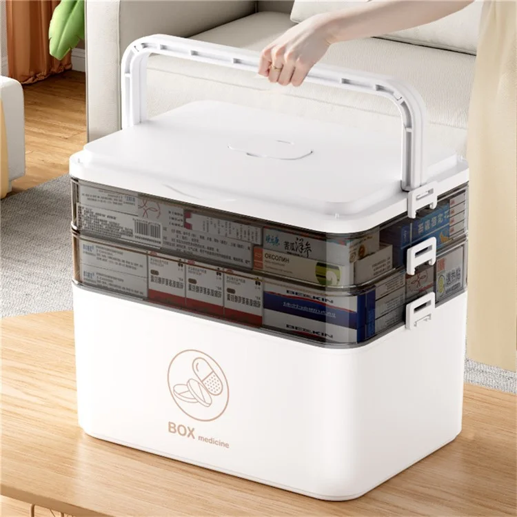 1682 Extra Large 3-Layer Plastic Medicine Storage Box Multi-Compartment Organizer with Handle - Beige