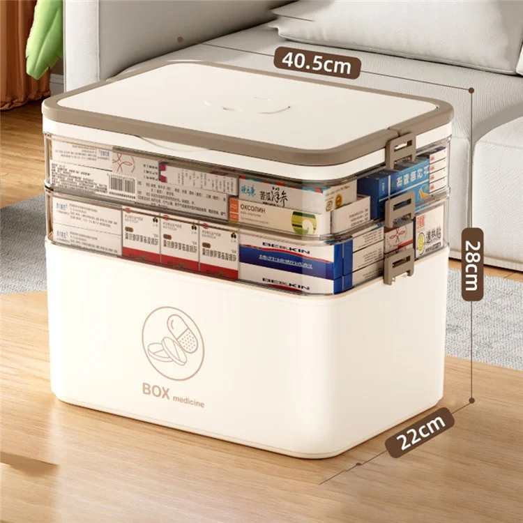 1682 Extra Large 3-Layer Plastic Medicine Storage Box Multi-Compartment Organizer with Handle - Beige