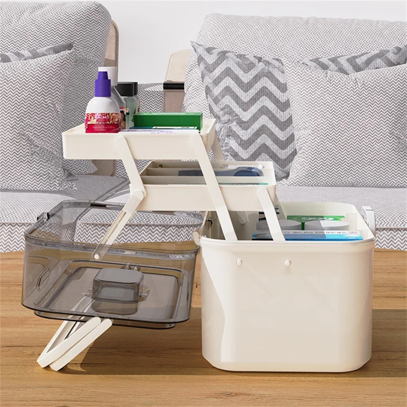 Size XL Portable Medical Box 3-Layer Home First Aid Kit Case Foldable Storage Organizer, 38x21.5x27.1cm - White