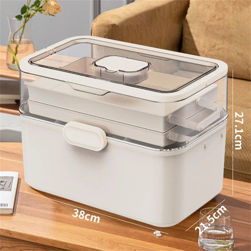 Size XL Portable Medical Box 3-Layer Home First Aid Kit Case Foldable Storage Organizer, 38x21.5x27.1cm - White