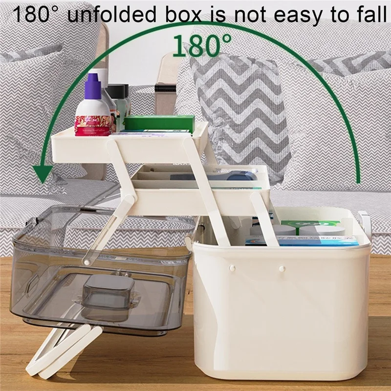 Size XL Portable Medical Box 3-Layer Home First Aid Kit Case Foldable Storage Organizer, 38x21.5x27.1cm - White