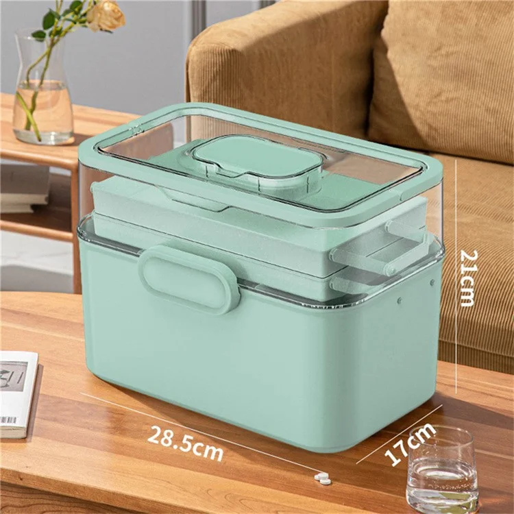 Size L Portable Medical Box 3-Layer Home First Aid Kit Case Foldable Storage Organizer, 28.5x17x21cm - Light Green