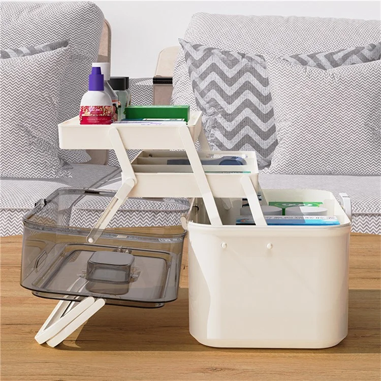 Size L Portable Medical Box 3-Layer Home First Aid Kit Case Foldable Storage Organizer, 28.5x17x21cm - Light Green