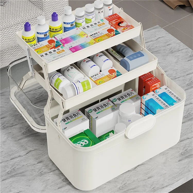 Größe M Tragbare Medizinbox 3-lagiger Erste-Hilfe-Koffer faltbare Aufbewahrungsorganisation, 28,5x17x15,5 cm - Weiß