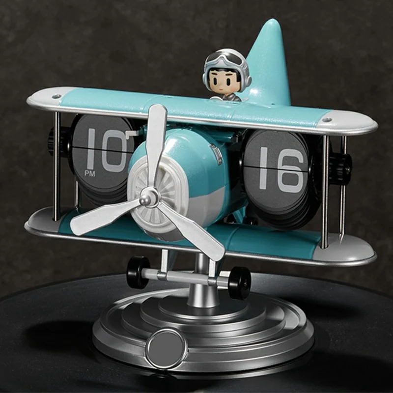 Time Flyer Flip Clock Desktop Automatic Mechanical Clock Decorative Aircraft Shaped Table Clock - Blue