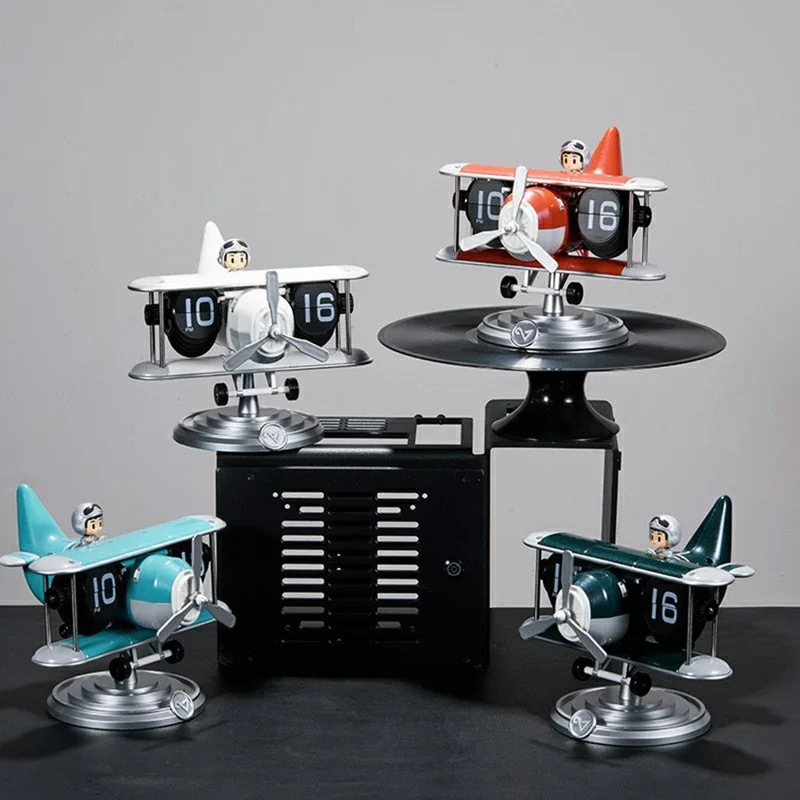 Time Flyer Flip Clock Desktop Automatic Mechanical Clock Decorative Aircraft Shaped Table Clock - Blue