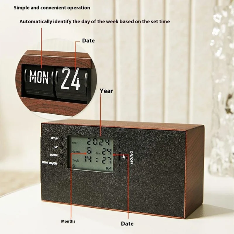 Minimalist Flip Calendar Table Clock Desktop Decor Smart Perpetual Calendar Flip Clock - Wood Color