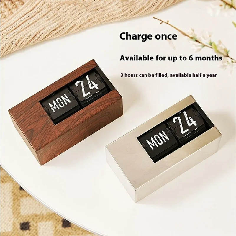 Minimalist Flip Calendar Table Clock Desktop Decor Smart Perpetual Calendar Flip Clock - Wood Color