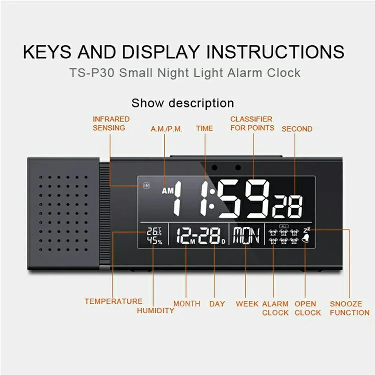 TS-P30 Sveglia radio creativa con display digitale di allerta a colori, luce e sensore di movimento a infrarossi Luce notturna a 7 colori - Nero