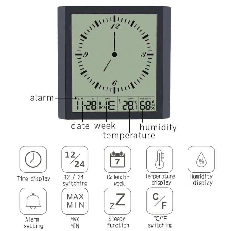 TS-8675 Relógio de Parede Digital Multifuncional com Tela Grande, Exibição de Temperatura, Umidade e Alarme