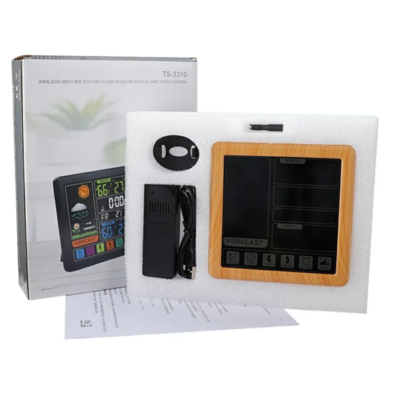 TS-3310 Multifunctional Touch Screen Wireless Weather Station Clock Indoor Outdoor Thermometer Hygrometer - Wood Grain