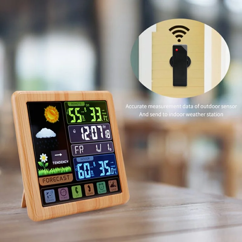 TS-3310 Multifunctional Touch Screen Wireless Weather Station Clock Indoor Outdoor Thermometer Hygrometer - Wood Grain