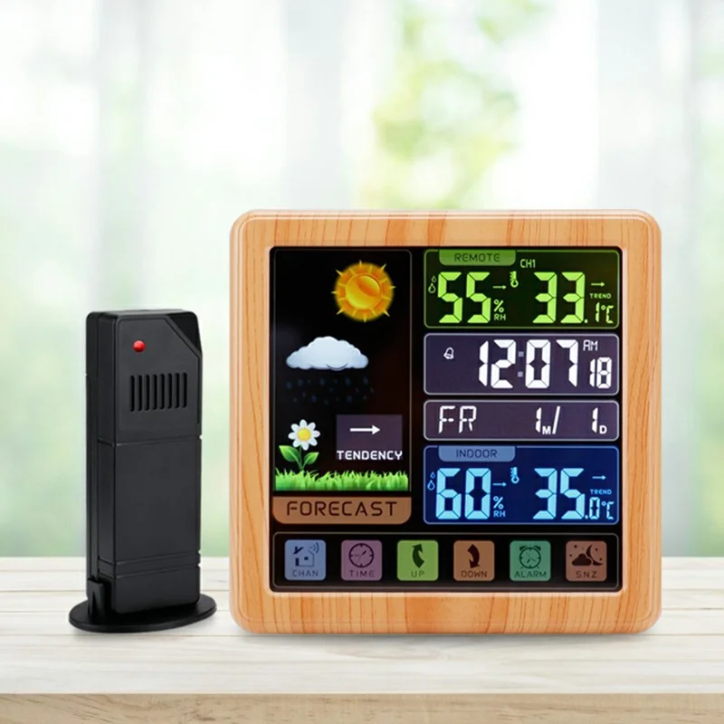 TS-3310 Multifunctional Touch Screen Wireless Weather Station Clock Indoor Outdoor Thermometer Hygrometer - Wood Grain