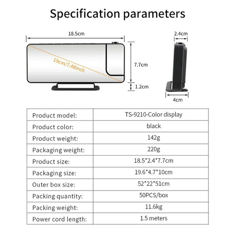 TS-9210 RGB-зеркальные проекционные часы с большим экраном, цифровой будильник, настольные электронные часы
