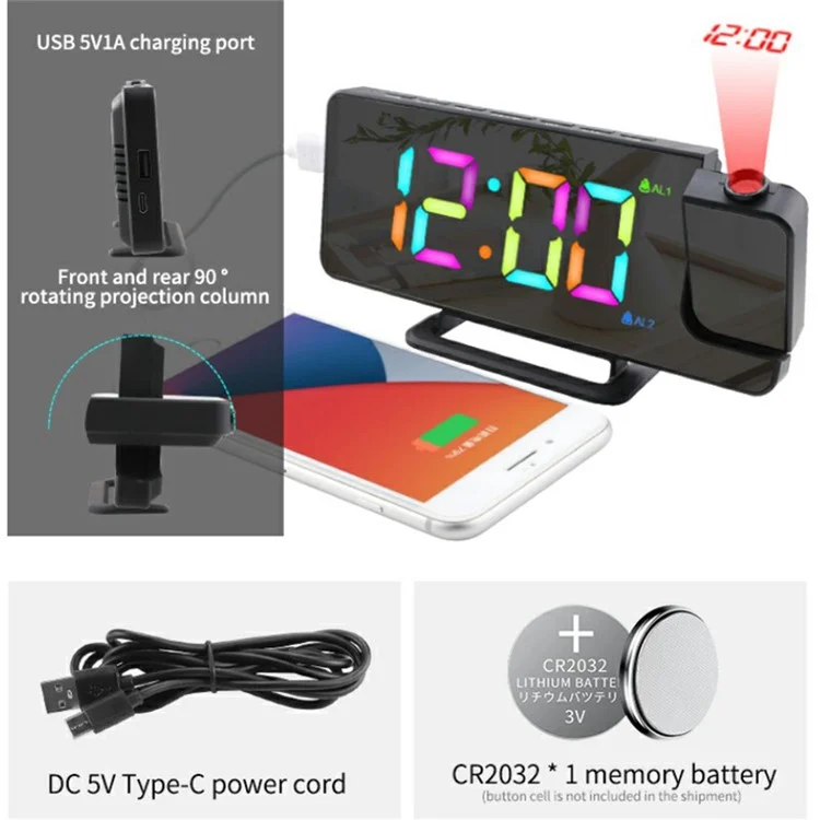 TS-9210 RGB-зеркальные проекционные часы с большим экраном, цифровой будильник, настольные электронные часы