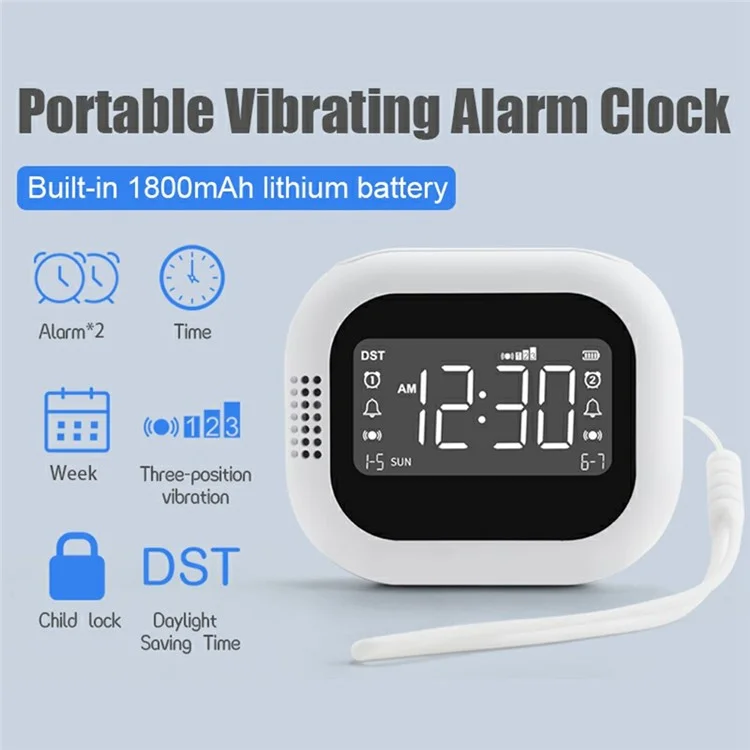 TS-BC700 Portable Vibrating Alarm Clock Multifunction Rechargeable Vibration Clock for Deaf / Elderly / Heavy Sleepers