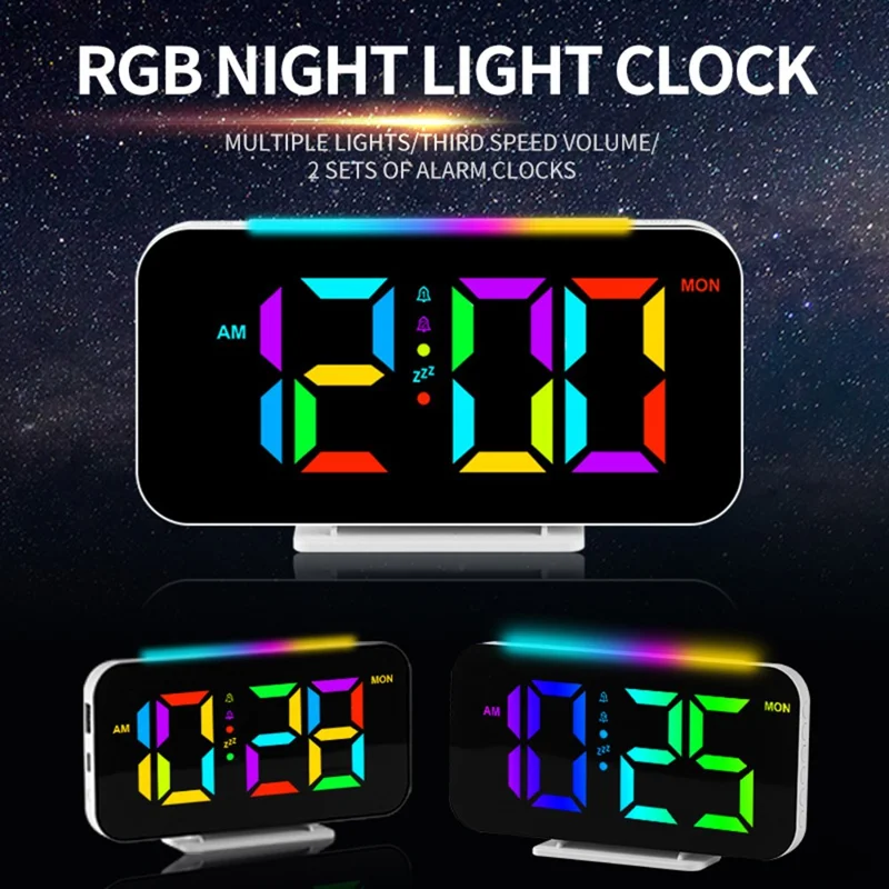 9010 RGB Digital Alarm Clock with Night Light 2 Alarms 8 Color Modes Multifunction Electronic Clock - Black Case
