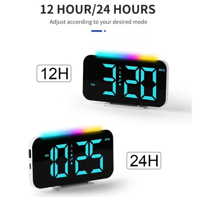 9010 RGB Digital Alarm Clock with Night Light 2 Alarms 8 Color Modes Multifunction Electronic Clock - White Case