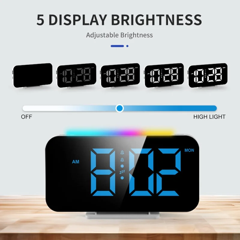 9010 RGB Digital Alarm Clock with Night Light 2 Alarms 8 Color Modes Multifunction Electronic Clock - White Case