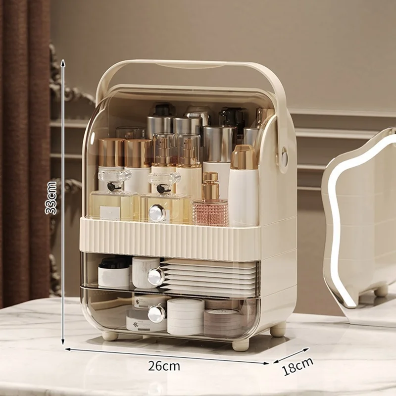 Size S Dust-Proof Makeup Organizer PET Multi-Layer Flip-Top Cosmetic Storage Box with Handle - Beige