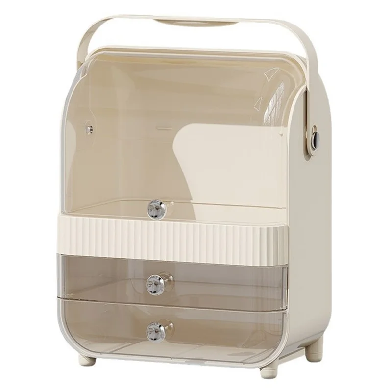 Size S Dust-Proof Makeup Organizer PET Multi-Layer Flip-Top Cosmetic Storage Box with Handle - Beige