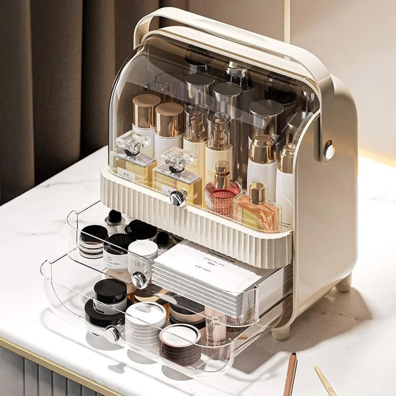 Size S Dust-Proof Makeup Organizer PET Multi-Layer Flip-Top Cosmetic Storage Box with Handle - Beige