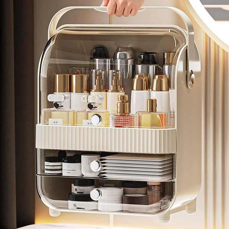 Size S Dust-Proof Makeup Organizer PET Multi-Layer Flip-Top Cosmetic Storage Box with Handle - Beige