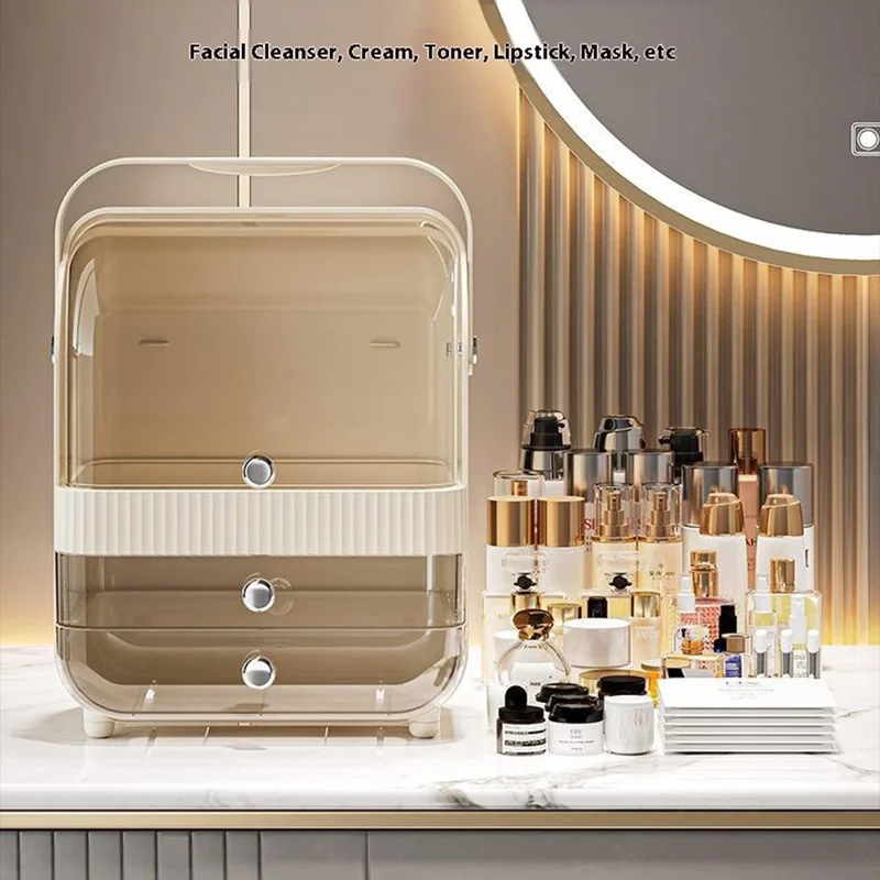 Size S Dust-Proof Makeup Organizer PET Multi-Layer Flip-Top Cosmetic Storage Box with Handle - Beige