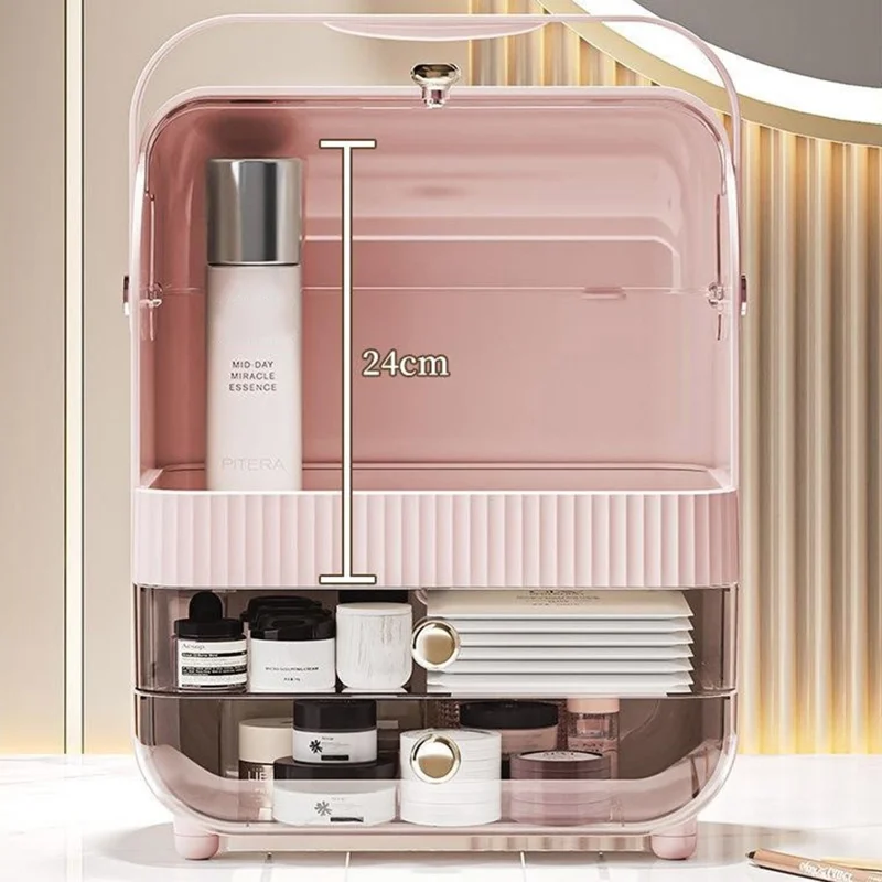 Size S Dust-Proof Makeup Organizer PET Multi-Layer Flip-Top Cosmetic Storage Box with Handle - Beige