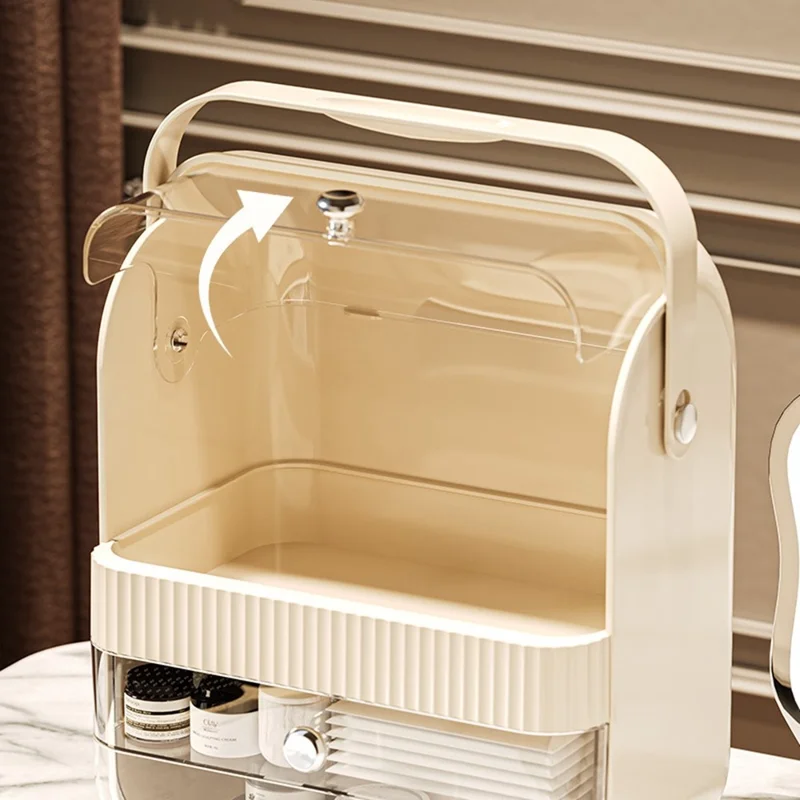 Size S Dust-Proof Makeup Organizer PET Multi-Layer Flip-Top Cosmetic Storage Box with Handle - Beige