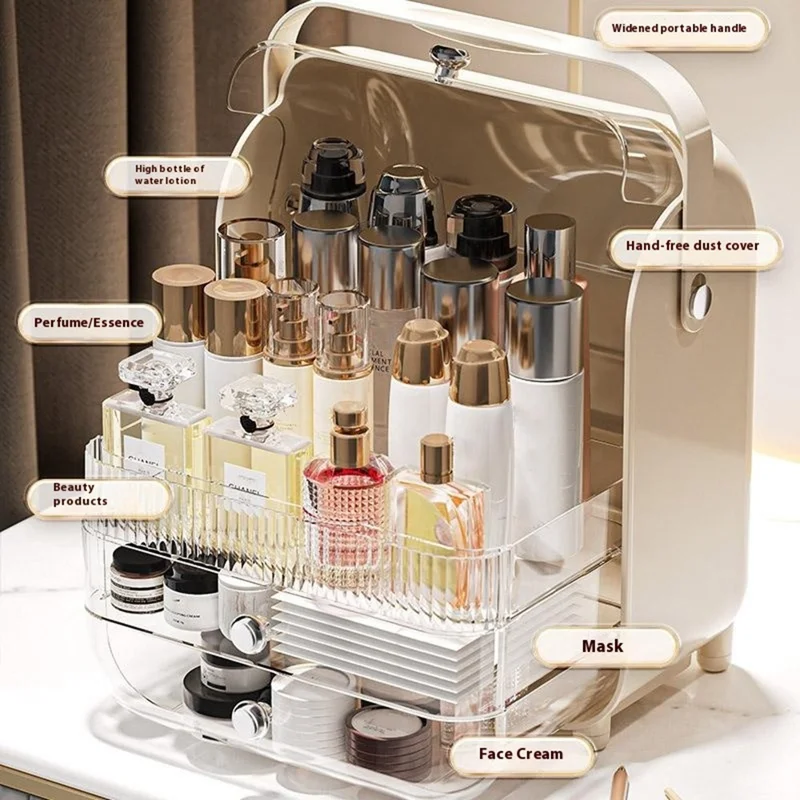 Size S Dust-Proof Makeup Organizer PET Multi-Layer Flip-Top Cosmetic Storage Box with Handle - Beige