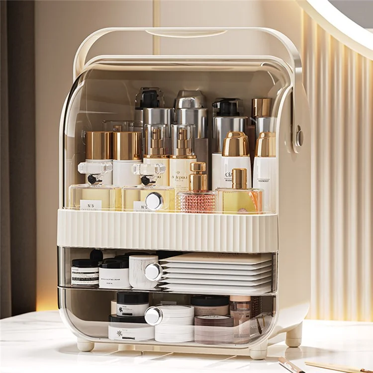 Makeup Organizer Large Capacity Multi-Layer Flip Top Storage Box With Handle Dust-Proof Cosmetic Case, L Size - Yellow