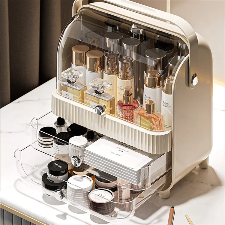 Makeup Organizer Large Capacity Multi-Layer Flip Top Storage Box With Handle Dust-Proof Cosmetic Case, L Size - Yellow