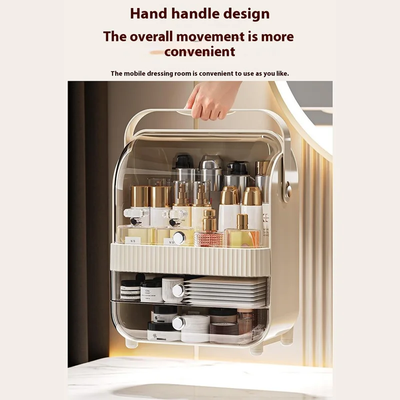 Makeup Organizer Large Capacity Multi-Layer Flip Top Storage Box With Handle Dust-Proof Cosmetic Case, L Size - Yellow