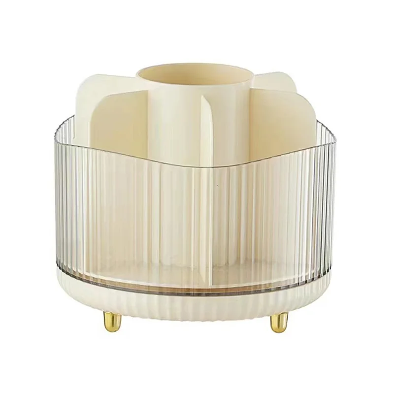 Rotating Makeup Brush Holder Organizer Eyeshadow Brushes Eyebrow Pencils Desktop Cosmetic Storage Box without Lid - Beige