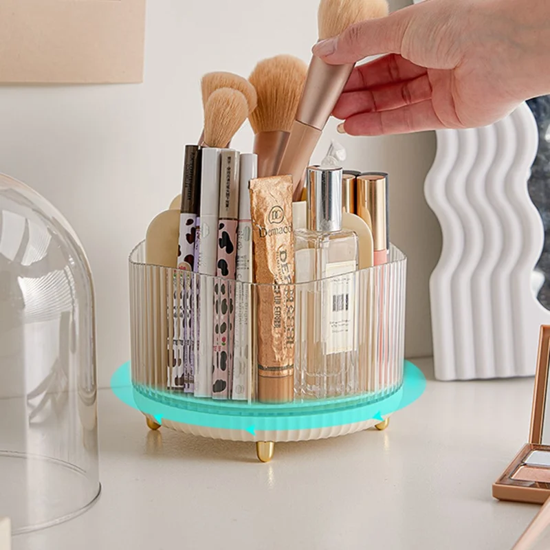Rotating Makeup Brush Holder Organizer Eyeshadow Brushes Eyebrow Pencils Desktop Cosmetic Storage Box without Lid - Beige