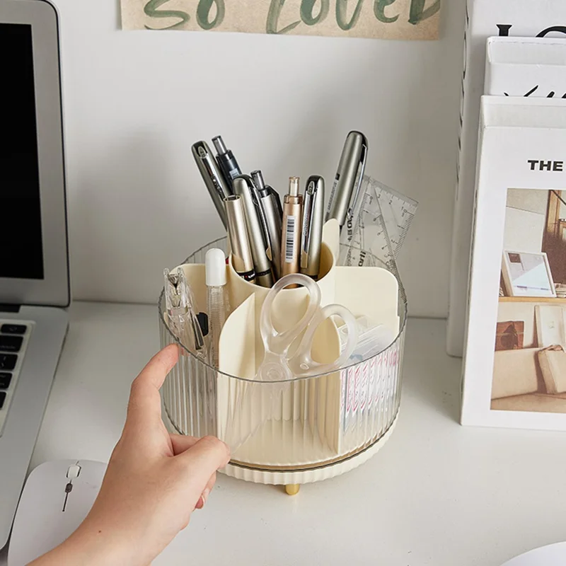 Rotating Makeup Brush Holder Organizer Eyeshadow Brushes Eyebrow Pencils Desktop Cosmetic Storage Box without Lid - Beige