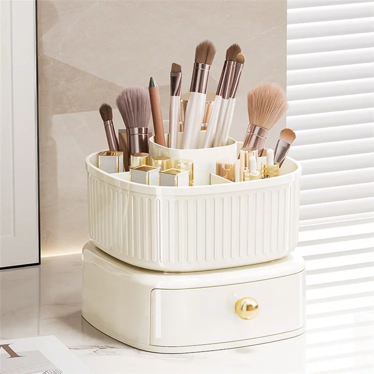 Drehbarer Make-up Organizer mit Schublade Kosmetik Pinselhalter Lippenstift Augenbrauenstift Aufbewahrungsständer - Beige