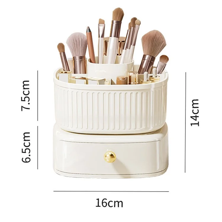 Drehbarer Make-up Organizer mit Schublade Kosmetik Pinselhalter Lippenstift Augenbrauenstift Aufbewahrungsständer - Beige