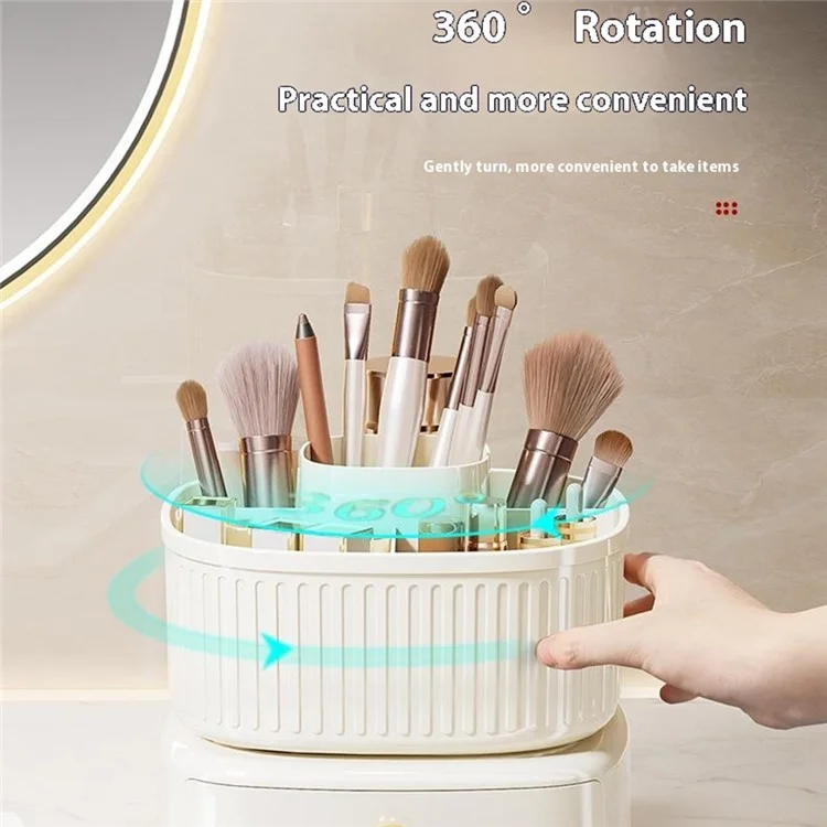 Drehbarer Make-up Organizer mit Schublade Kosmetik Pinselhalter Lippenstift Augenbrauenstift Aufbewahrungsständer - Beige