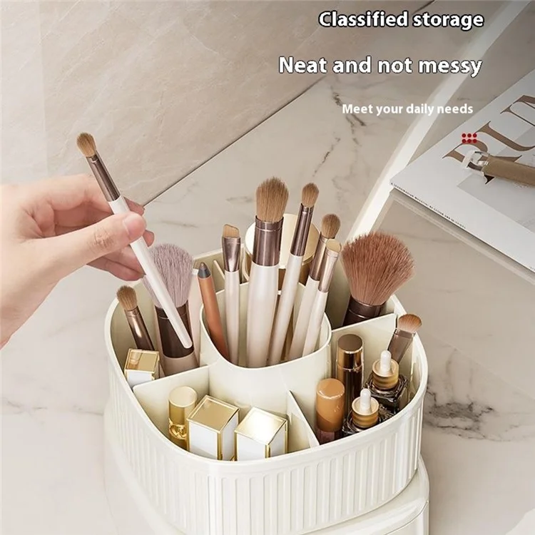 Drehbarer Make-up Organizer mit Schublade Kosmetik Pinselhalter Lippenstift Augenbrauenstift Aufbewahrungsständer - Beige
