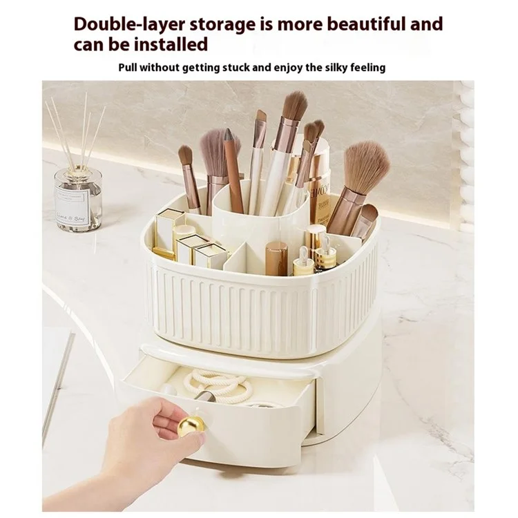 Drehbarer Make-up Organizer mit Schublade Kosmetik Pinselhalter Lippenstift Augenbrauenstift Aufbewahrungsständer - Beige