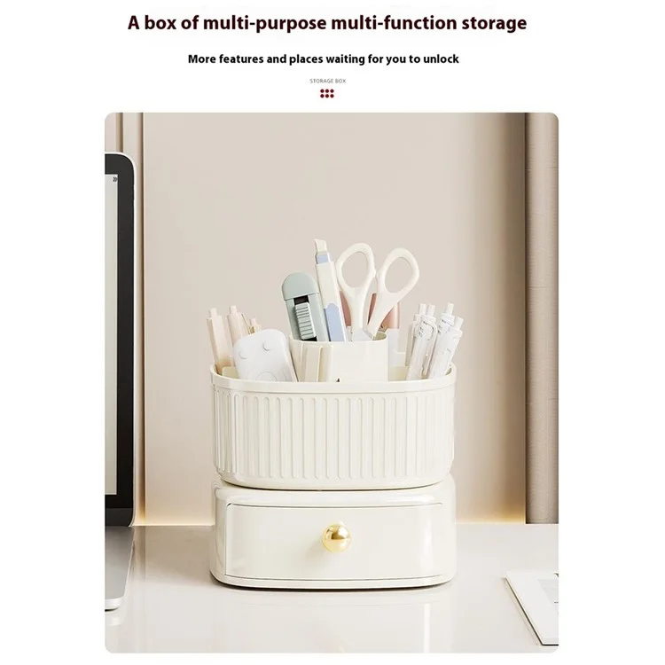 Drehbarer Make-up Organizer mit Schublade Kosmetik Pinselhalter Lippenstift Augenbrauenstift Aufbewahrungsständer - Beige