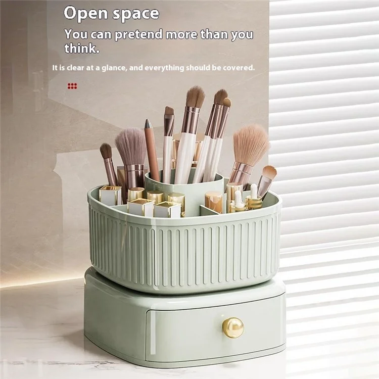 Drehbarer Make-up Organizer mit Schublade Kosmetik Pinselhalter Lippenstift Augenbrauenstift Aufbewahrungsständer - Beige
