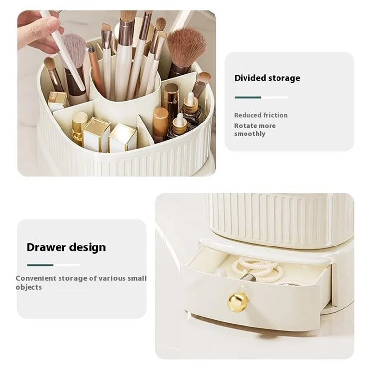 Drehbarer Make-up Organizer mit Schublade Kosmetik Pinselhalter Lippenstift Augenbrauenstift Aufbewahrungsständer - Beige