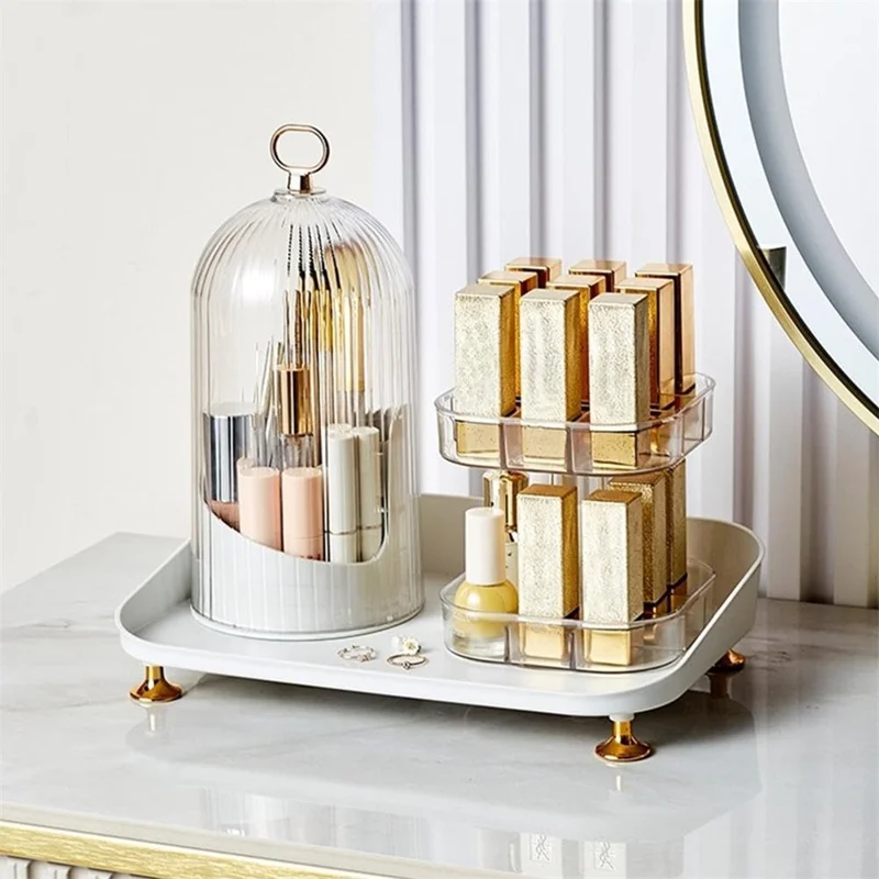 Rotating Makeup Organizer Desktop Cosmetic Storage Box with Lid + Lipstick Storage Rack